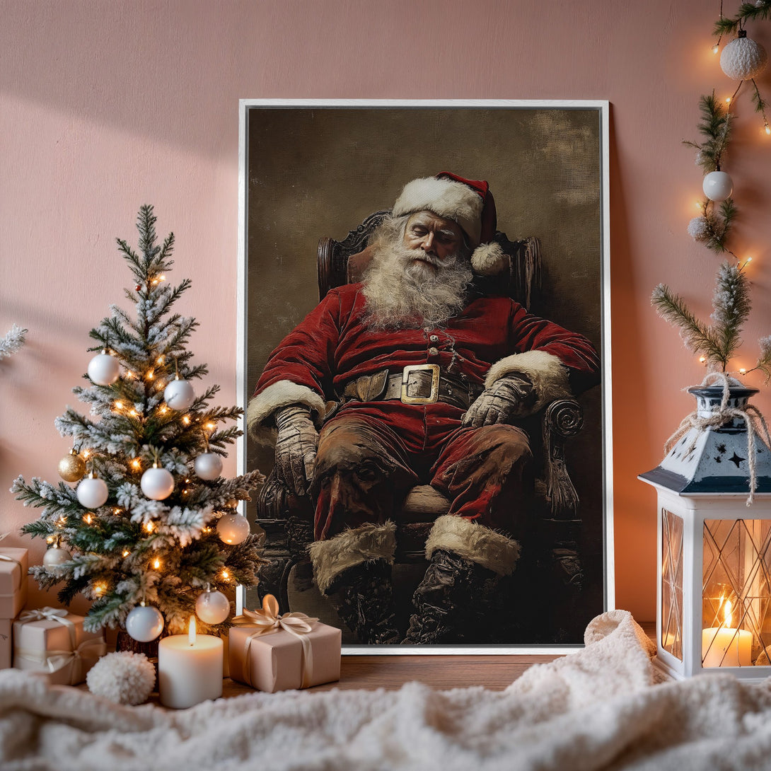 Framed Wall Art: Classic Santa Claus portrait in warm red & brown tones. Perfect Christmas decor, vintage style Canvas Print for festive home.