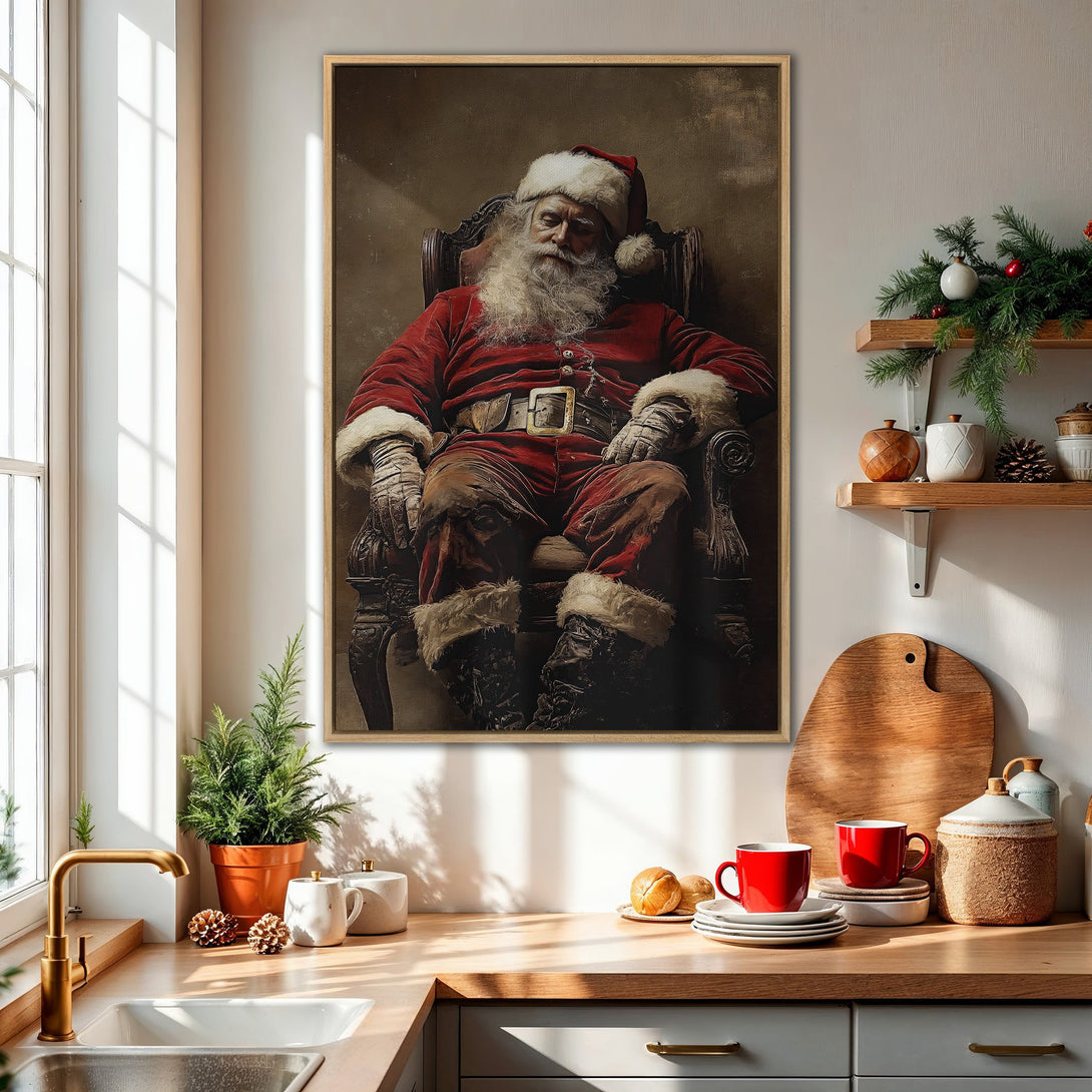 Framed Wall Art featuring Santa Claus in a classic style, rich red and brown tones, perfect for holiday decor. Add festive charm to your home!