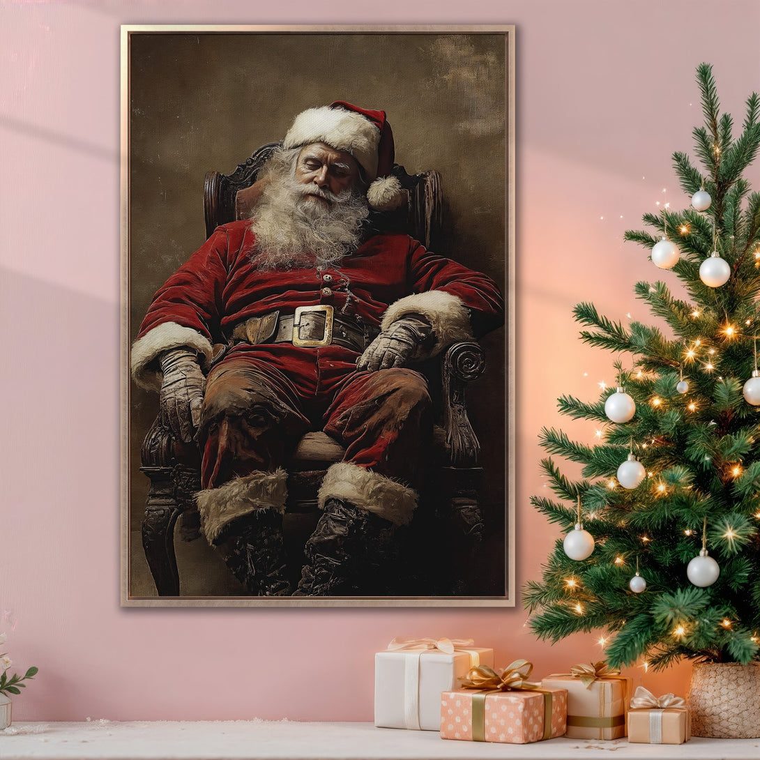 Framed Wall Art of Santa Claus in a vintage style, featuring a warm red and brown color palette. Perfect Christmas decor!