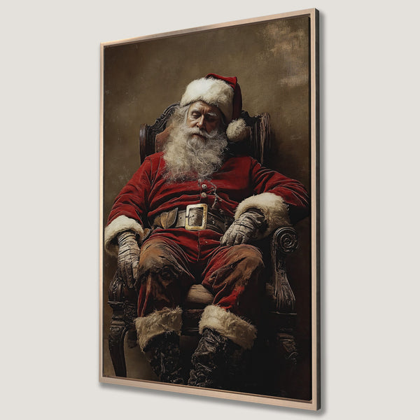 Framed Wall Art featuring Santa Claus in a vintage style. Rich red, brown, and cream color palette. Perfect Christmas decor for a cozy home.