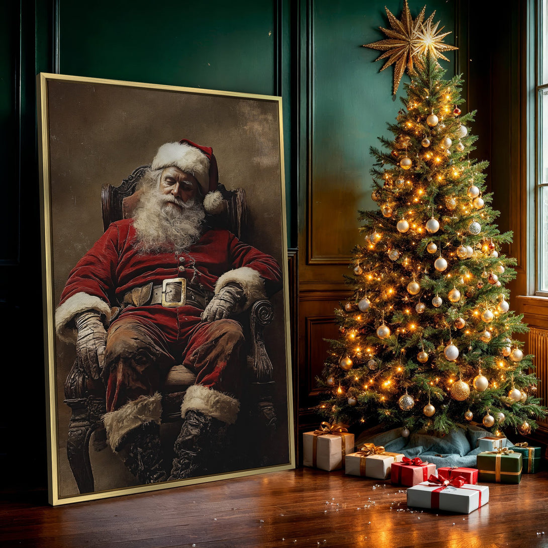 Canvas Print of Santa Claus in a classic style, featuring a warm red and brown color palette, perfect for festive holiday decor.