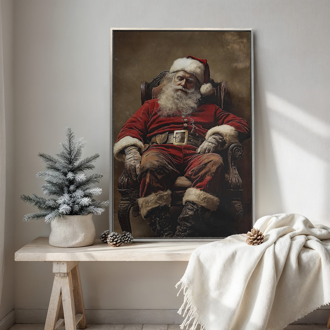 Framed Wall Art featuring Santa Claus in a vintage style, rich red and brown color palette. Perfect Christmas decor!