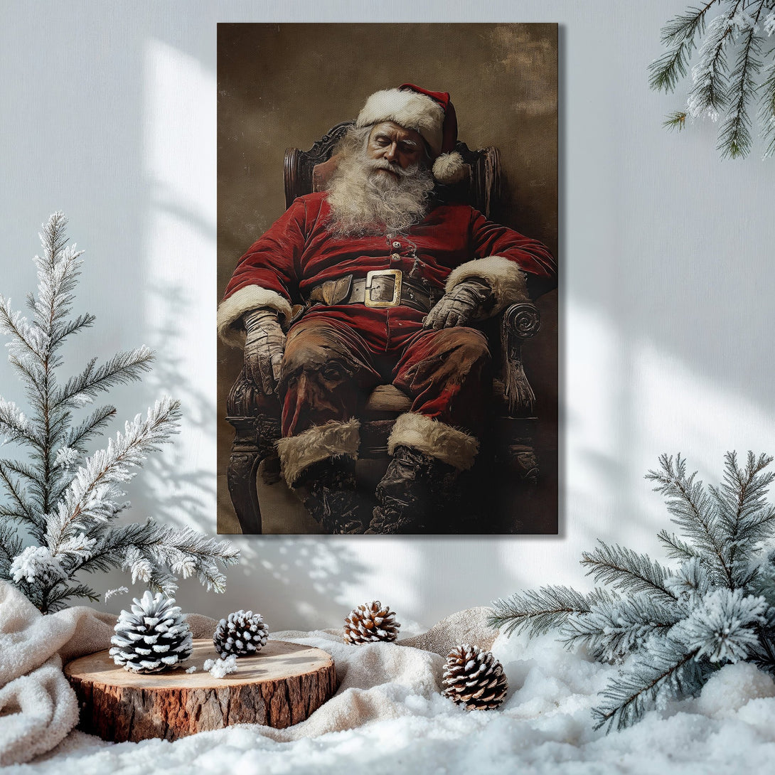 Framed Wall Art: Vintage Santa Claus portrait in a warm, inviting interior. Rich red, gold, and green color palette for a festive holiday vibe.