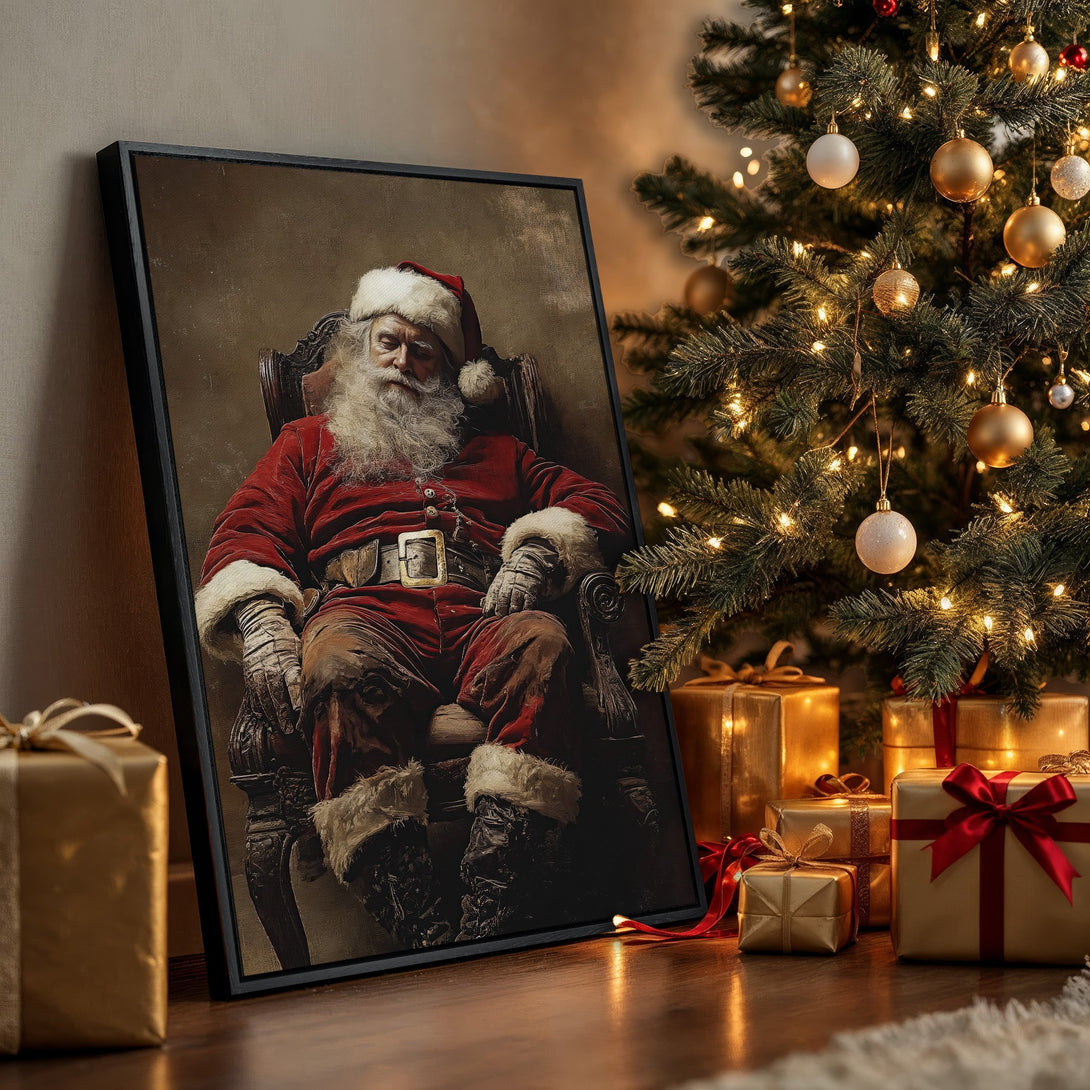 Framed Wall Art featuring Santa Claus in a classic style. Warm, festive color palette with red, gold, and brown tones. Perfect Christmas decor!