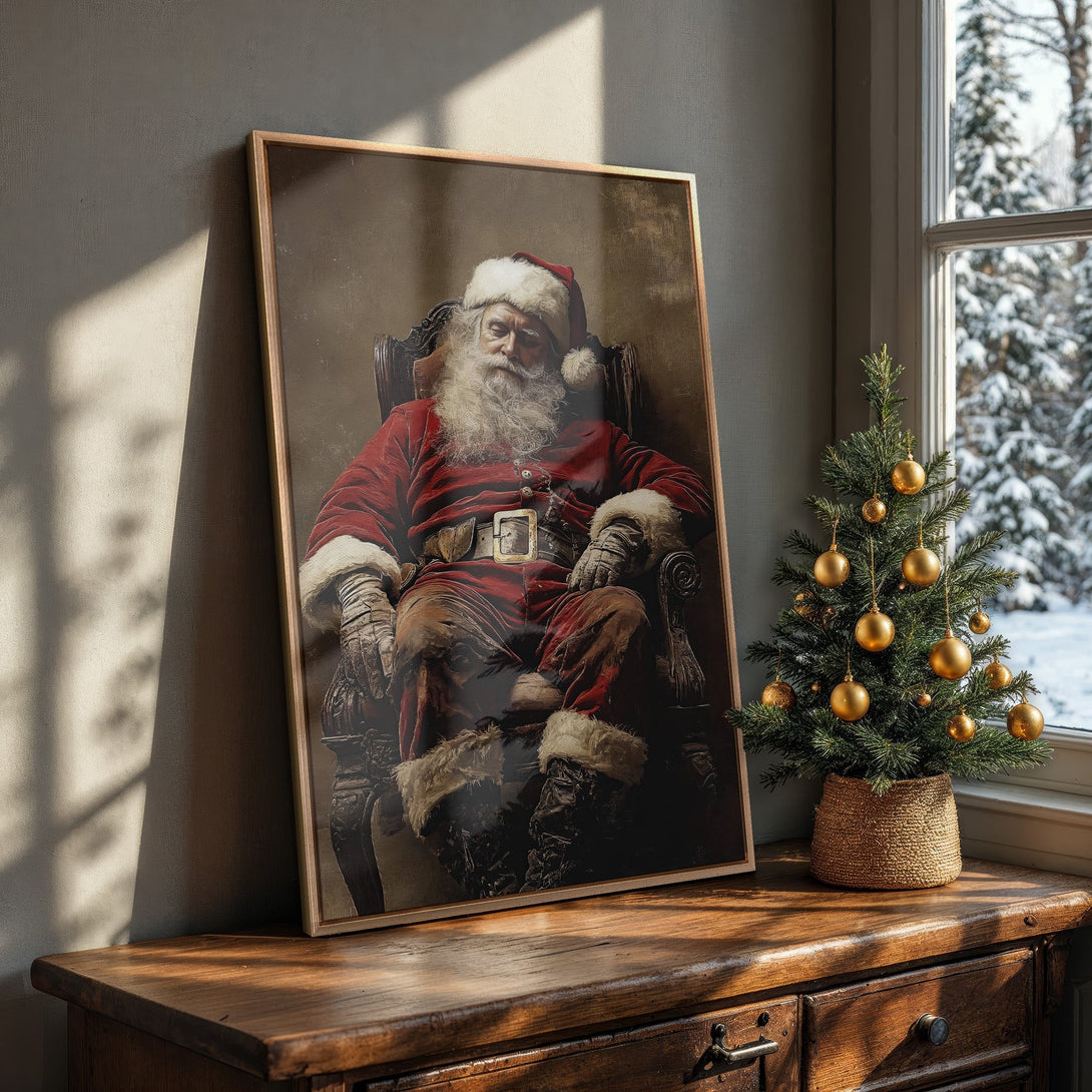 Framed Wall Art of Santa Claus in a vintage style, featuring a red and brown color palette, perfect for Christmas decor.