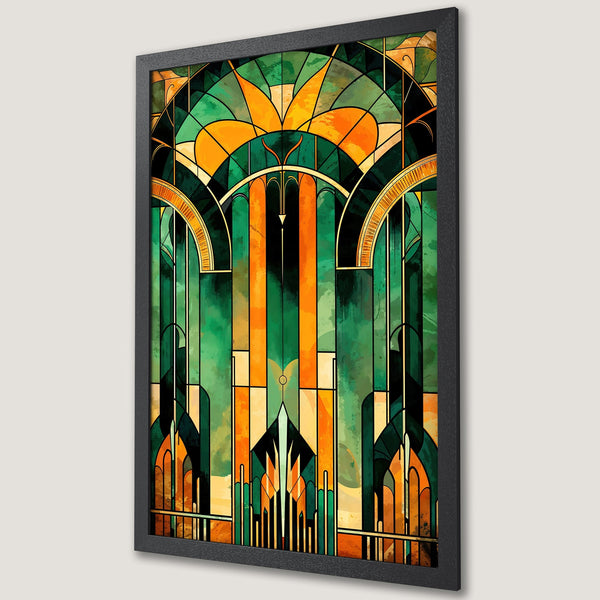 Framed Poster featuring an Art Deco stained glass design with a green and orange color palette. Perfect wall art!