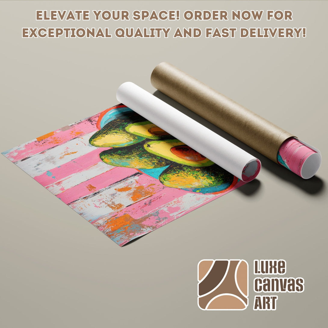 Avocado art poster roll, vibrant colors, modern style. Elevate your space with Luxe Canvas Art!