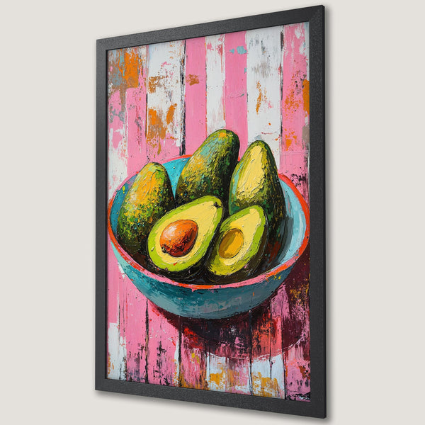 Framed Poster of avocados in a bowl, vibrant abstract style with pink, green, and orange color palette. Perfect kitchen decor.