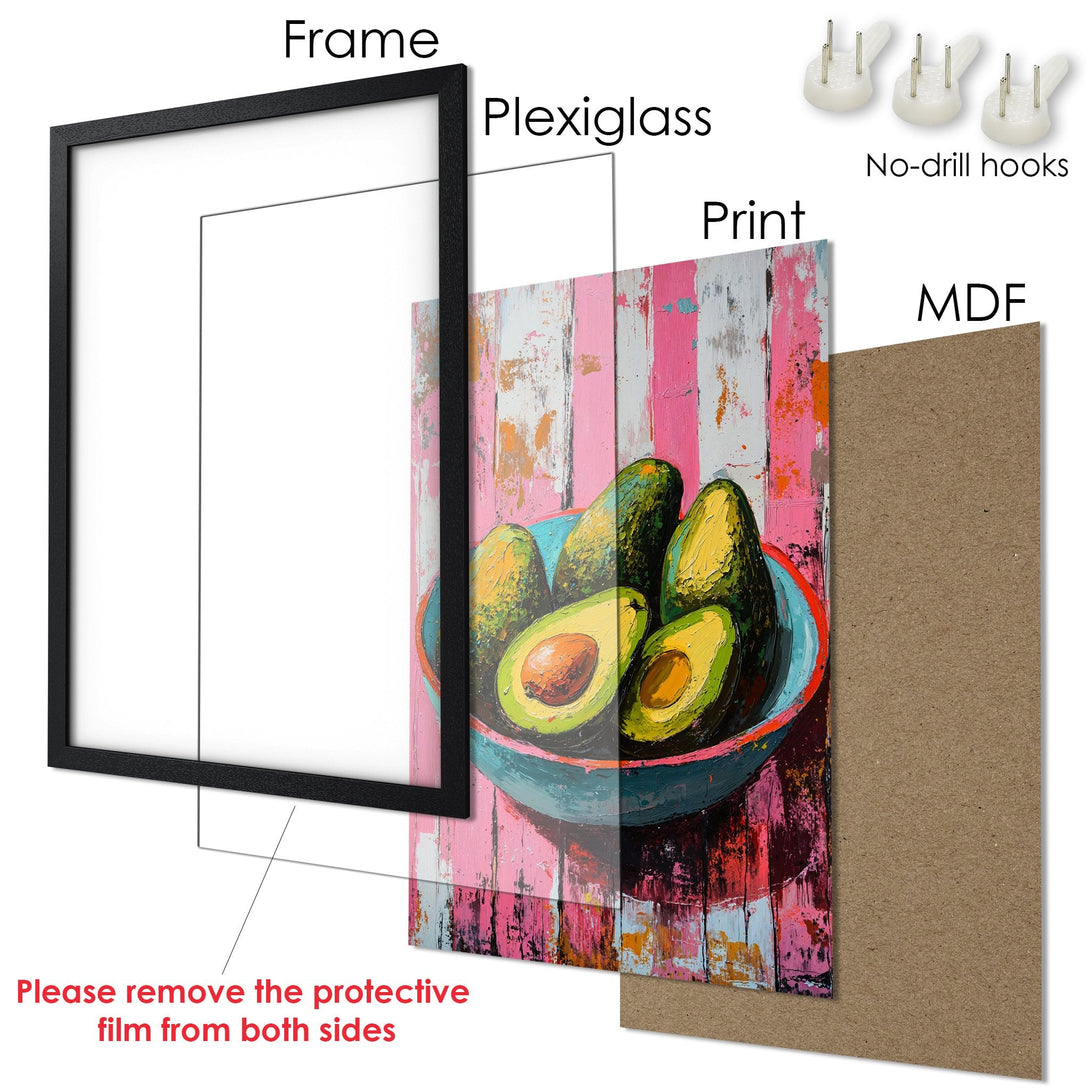 Framed Poster featuring an avocado still life in vibrant colors. Modern art style with a pink, green, and blue palette. Perfect wall decor!