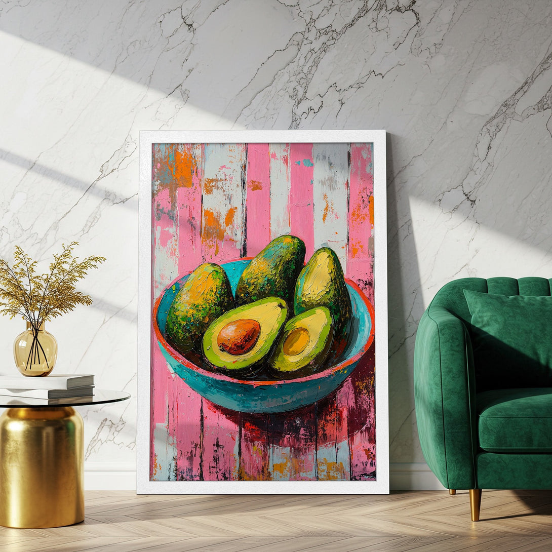 Framed Poster: Vibrant avocado still life art in a modern, colorful style. Pink, green, and blue palette. Perfect wall decor.