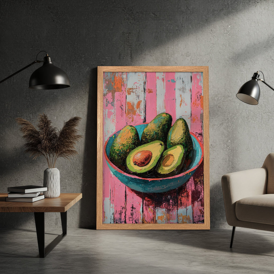 Framed Poster featuring vibrant avocado still life in a colorful, textured style. Pink, green, and blue palette. Perfect wall art!