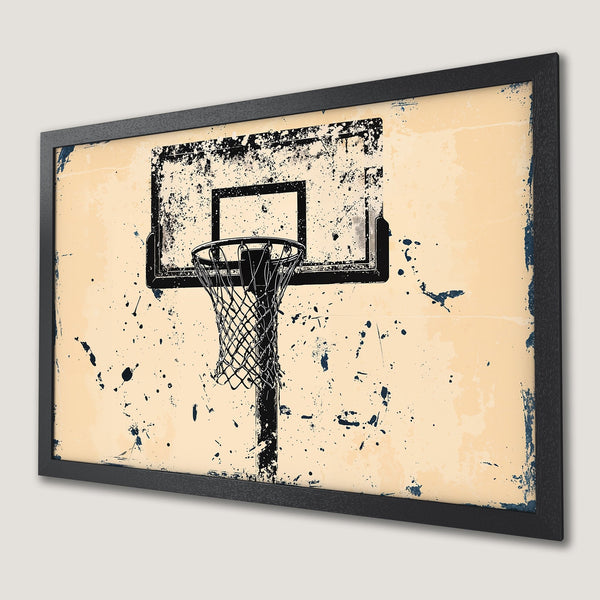 Framed Poster featuring a basketball hoop in a distressed style with a beige and navy color palette. Perfect wall art!