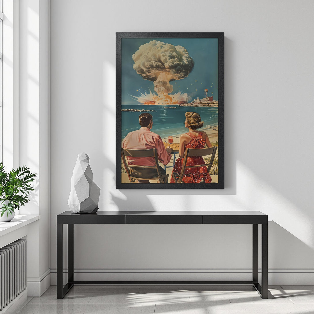 Framed Poster: Retro couple watches explosion, vintage style, blue/red/orange palette. Perfect Home decor! Get yours today!