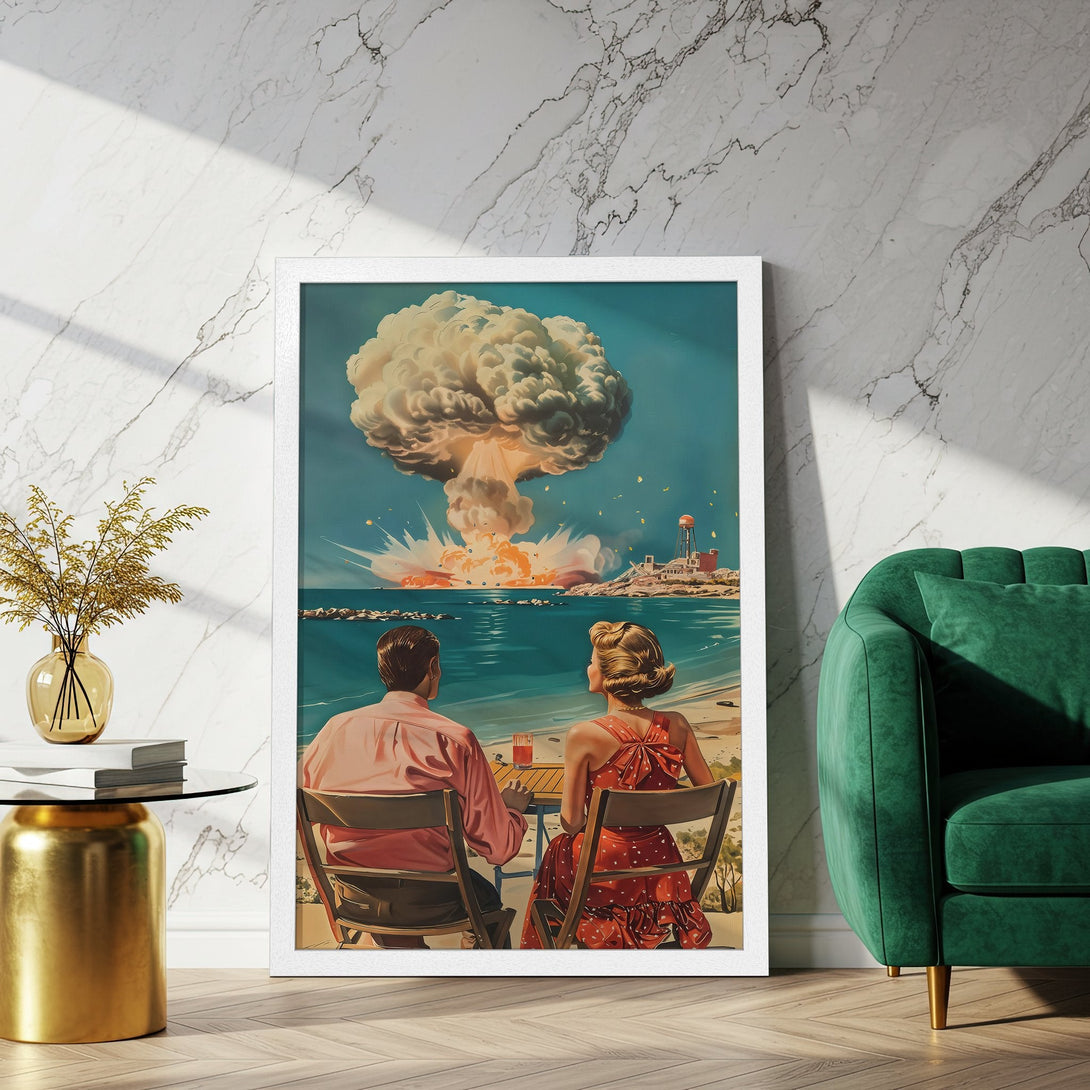Framed Poster featuring a retro couple watching a nuclear explosion. Vintage style with a blue, red, and beige color palette. Perfect wall art!