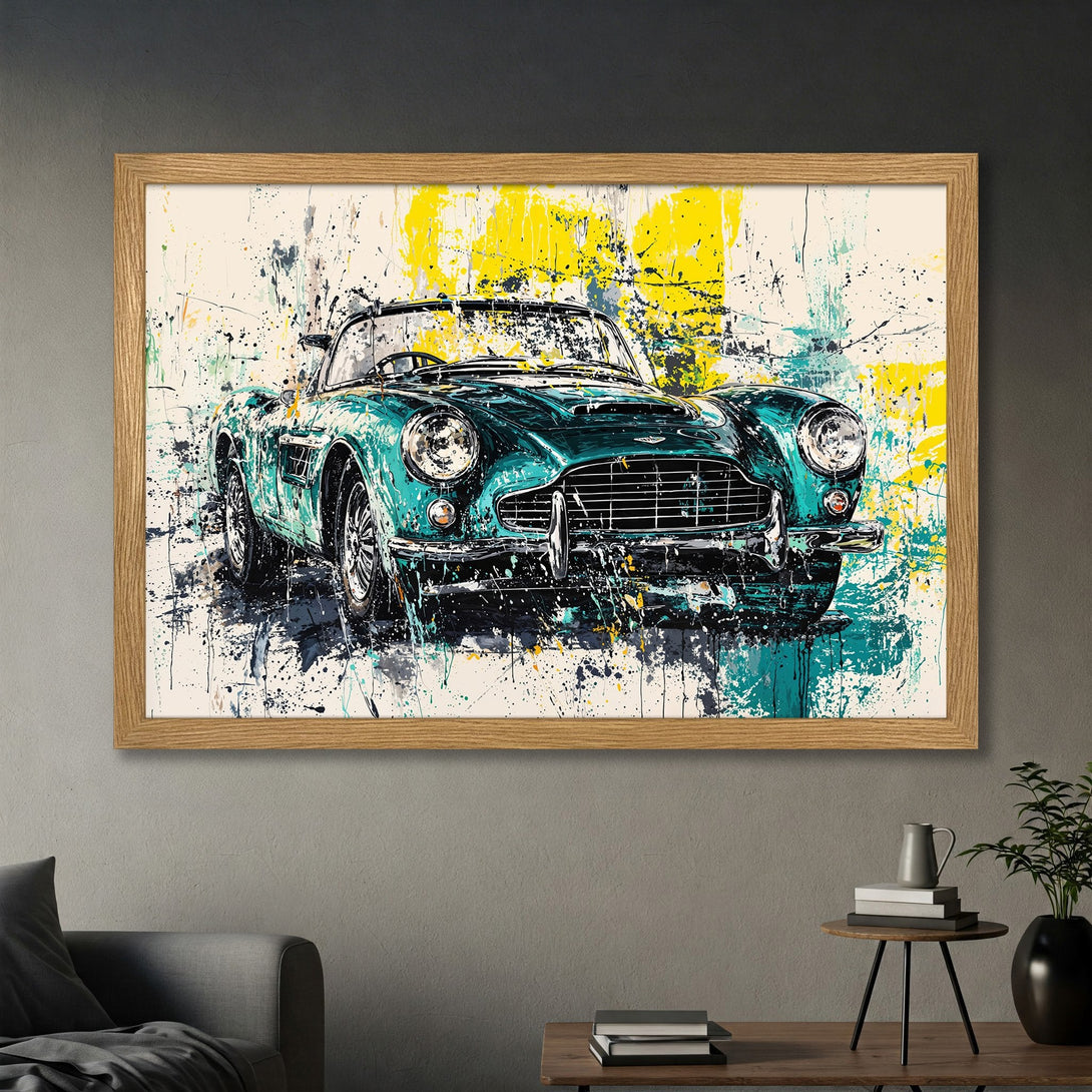 Framed Poster of a classic teal car in an abstract splatter style, featuring yellow and teal color palette. Perfect wall art!