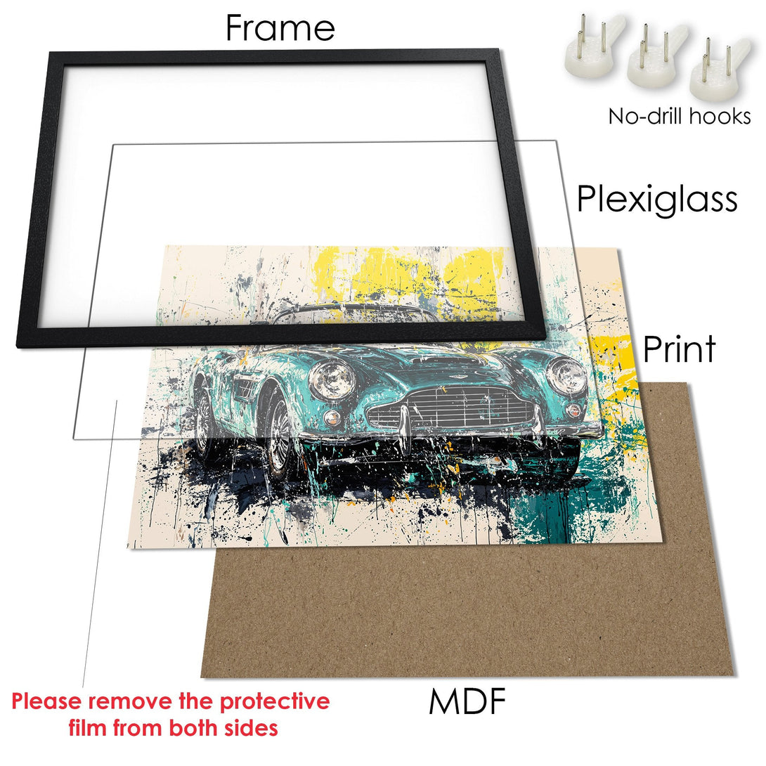 Framed Poster featuring a vintage car in an abstract style with teal, yellow, and black color palette. Ready to hang!