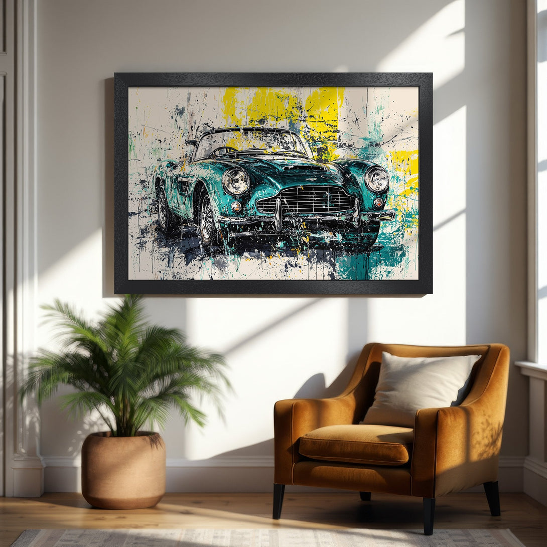 Framed Poster featuring a classic car in an abstract style with teal, yellow, and black paint splashes. Perfect wall art!