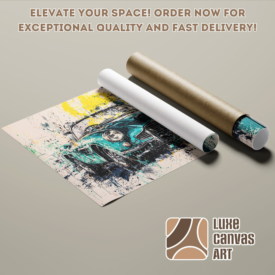 Abstract car art Poster Roll in teal, yellow, and black. Elevate your space!