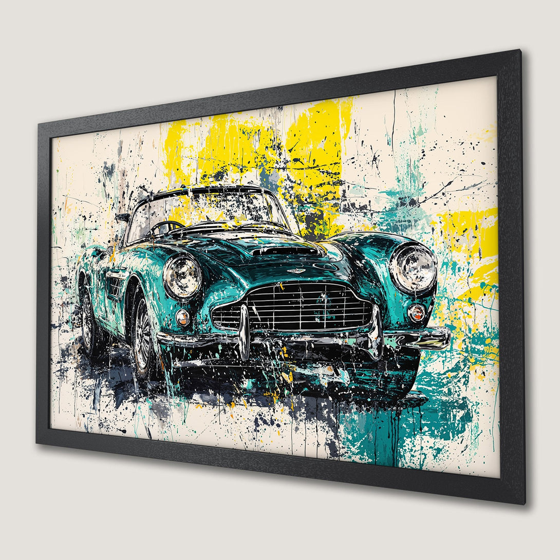 Framed Poster featuring a vintage car in abstract art style. Vibrant teal, yellow, and black color palette. Perfect wall decor!