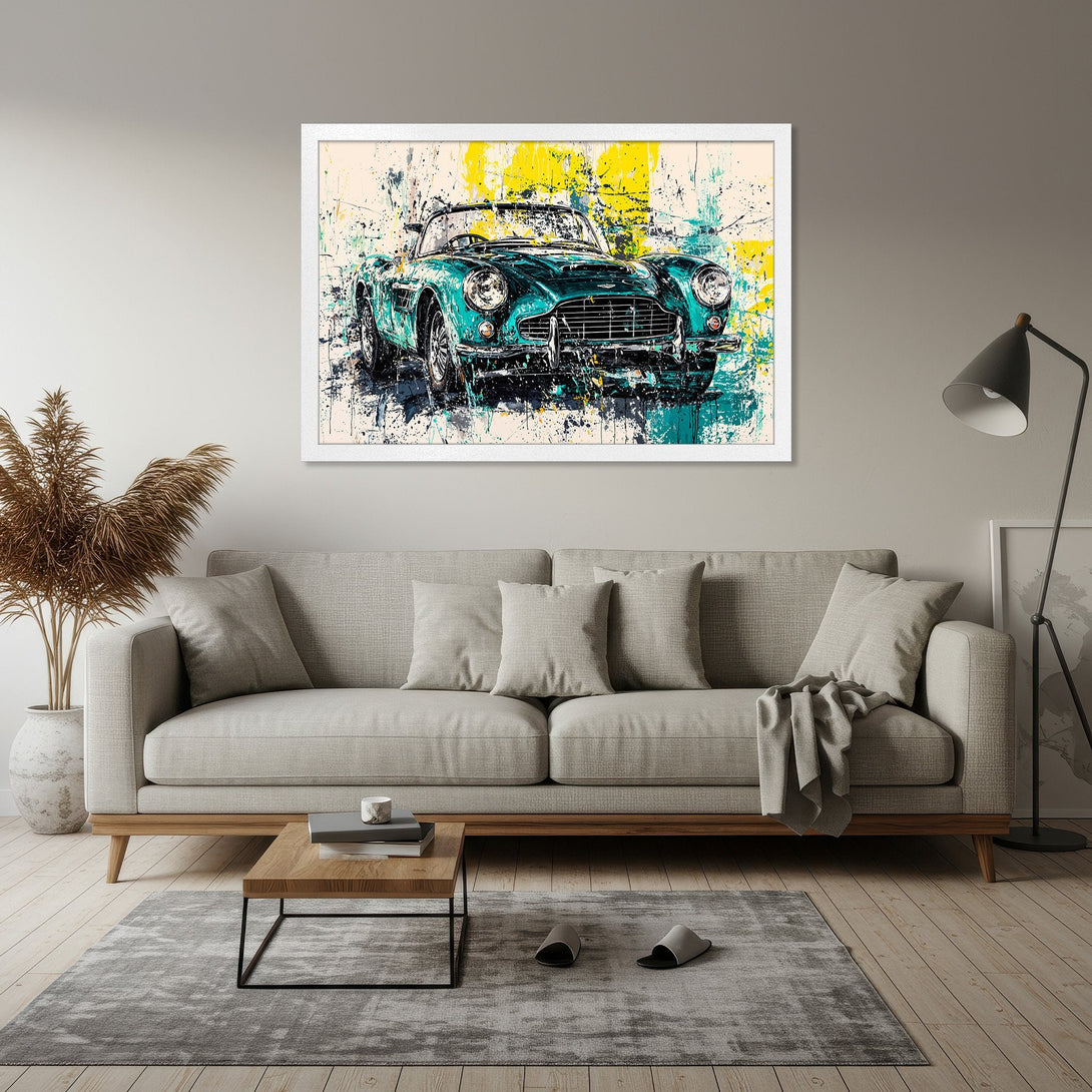 Framed Poster of a classic car in an abstract style with teal, yellow, and black paint splashes. Modern art print for home decor.