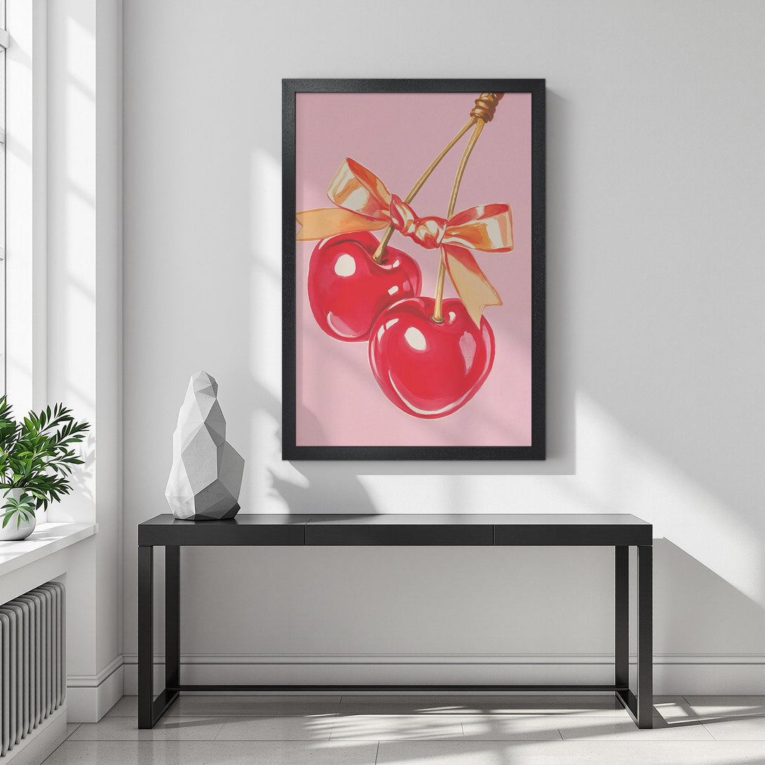 Framed Poster featuring vibrant cherry illustration with pink and red color palette, perfect for kitchen decor.