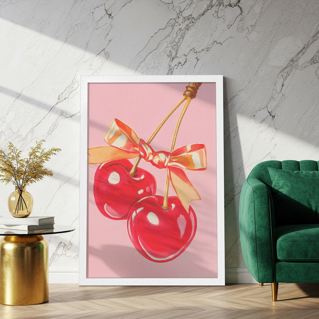 Framed Poster of cherries with bows. Whimsical art style with a pink, red, and gold color palette. Perfect wall decor!