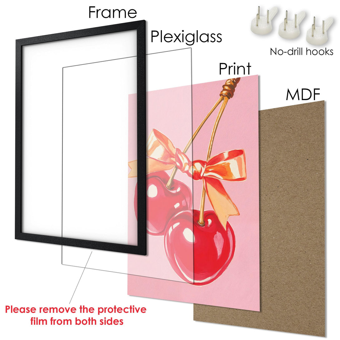 Framed Poster featuring cherries in a pop art style with a pink and red color palette. Perfect wall art!