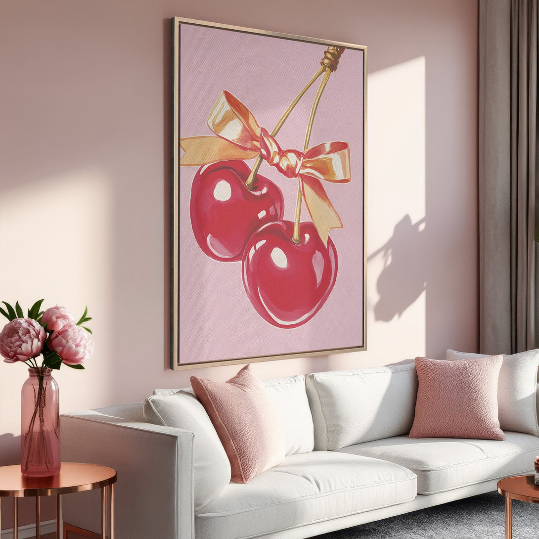 Framed Wall Art featuring a whimsical cherry painting in a pink and gold color palette, perfect for adding a pop of color to your home decor.