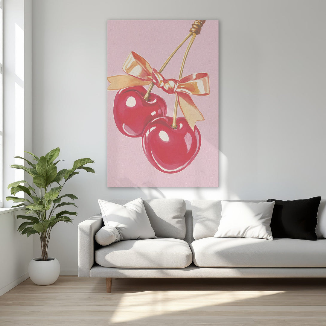 Framed Wall Art: Watercolor cherries with a pink background. Adds a pop of color! Perfect for kitchen or bedroom decor. Featuring red, pink, and gold hues.