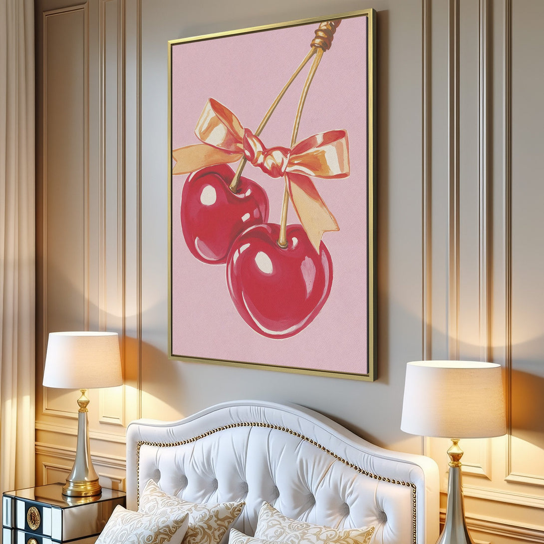 Canvas Print of watercolor cherries with a gold bow, perfect for kitchen or dining room decor. Pink and red color palette.