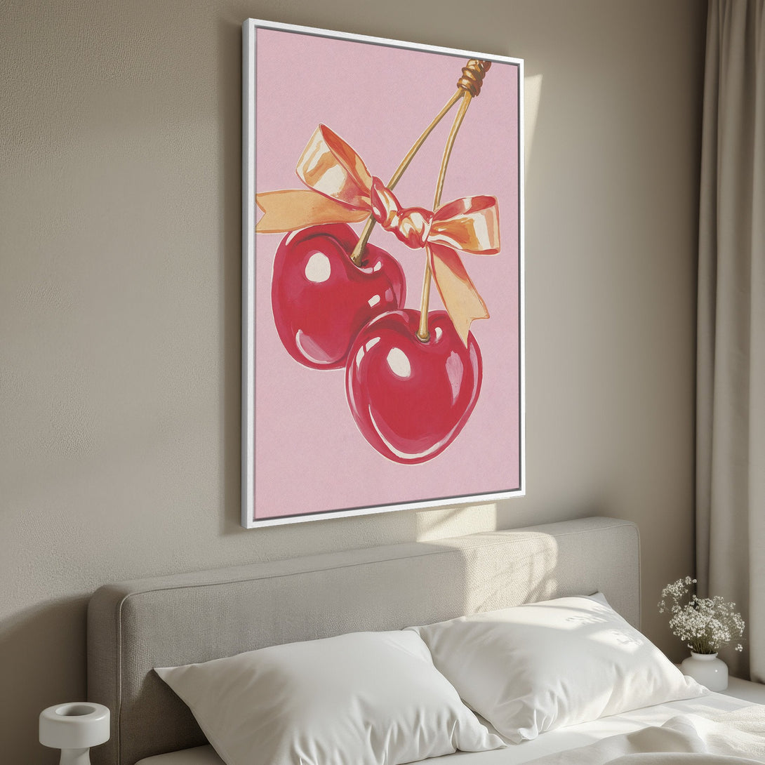 Framed Wall Art featuring watercolor cherries with a gold bow, blush pink background. Perfect for adding a touch of charm to your bedroom decor.