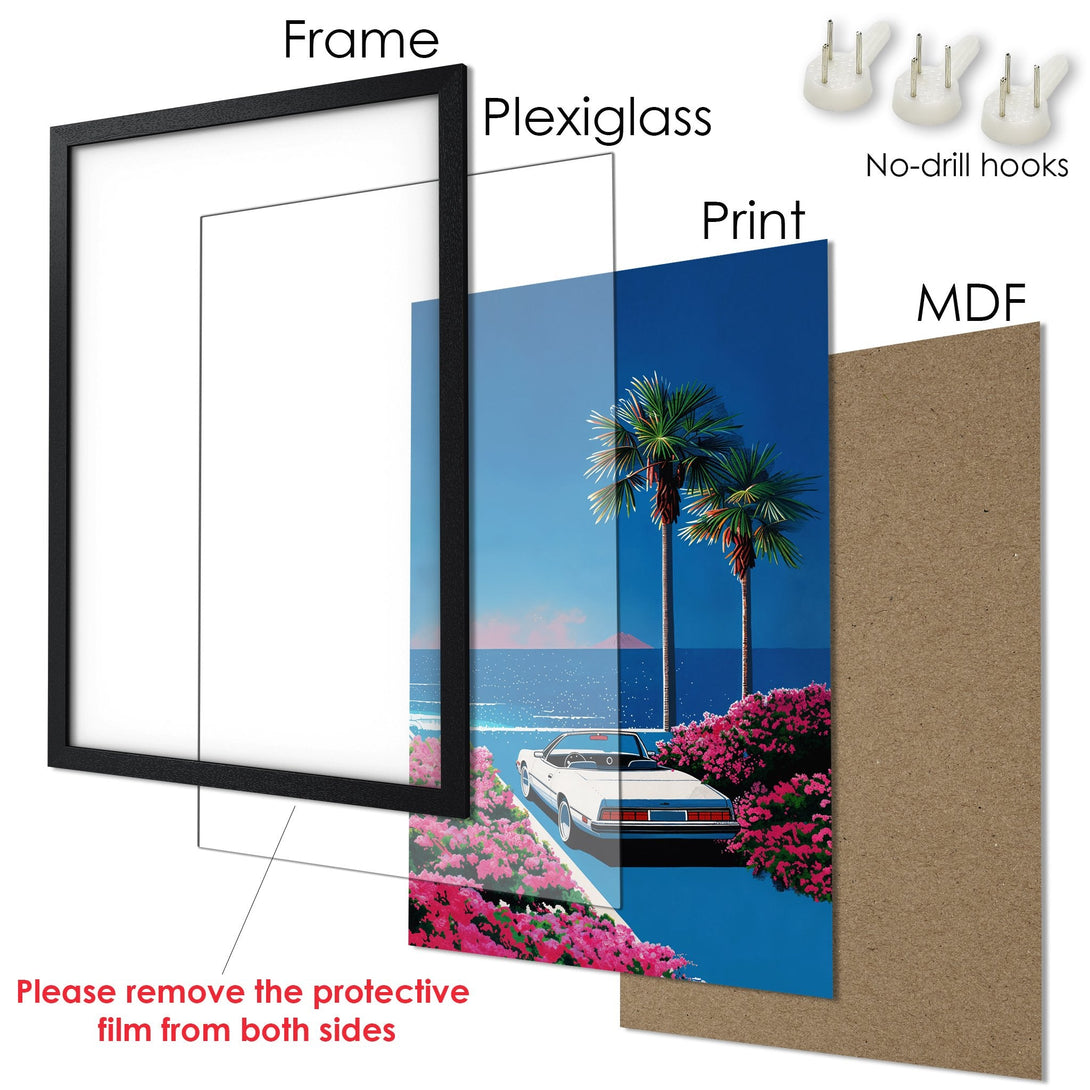 Framed Poster featuring a retro car scene with palm trees, vibrant blue & pink color palette. Perfect wall art!