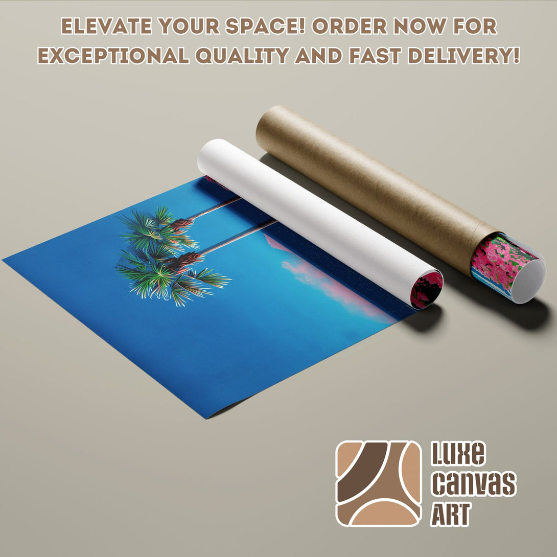 Palm tree Poster Roll art, blue sky, vibrant colors. Elevate your space with our premium poster prints!