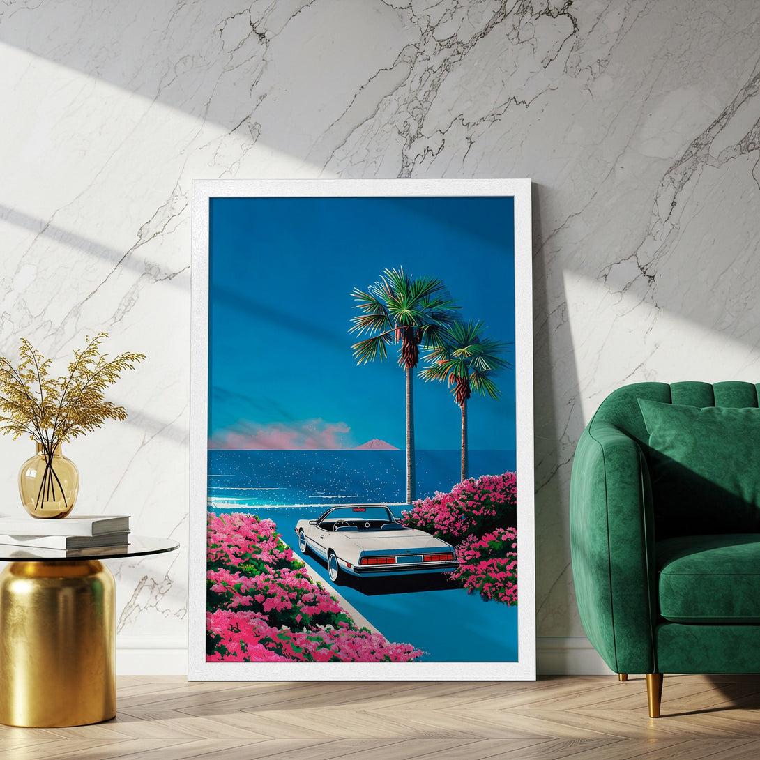 Framed Poster featuring a retro car on a tropical road, vibrant blue & pink palette, perfect wall art for a stylish home.