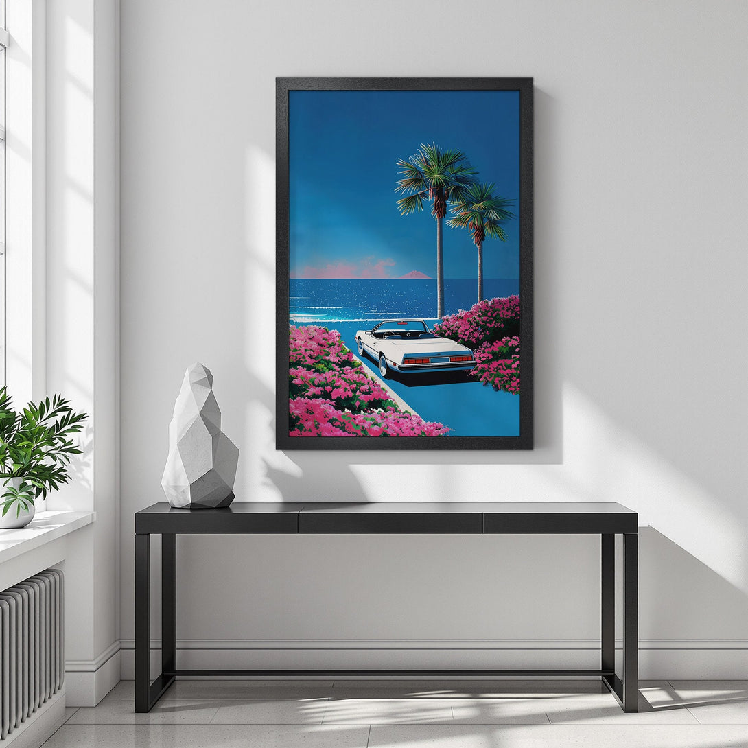 Framed Poster featuring a retro car scene with palm trees, in a vibrant blue and pink color palette. Perfect wall art!