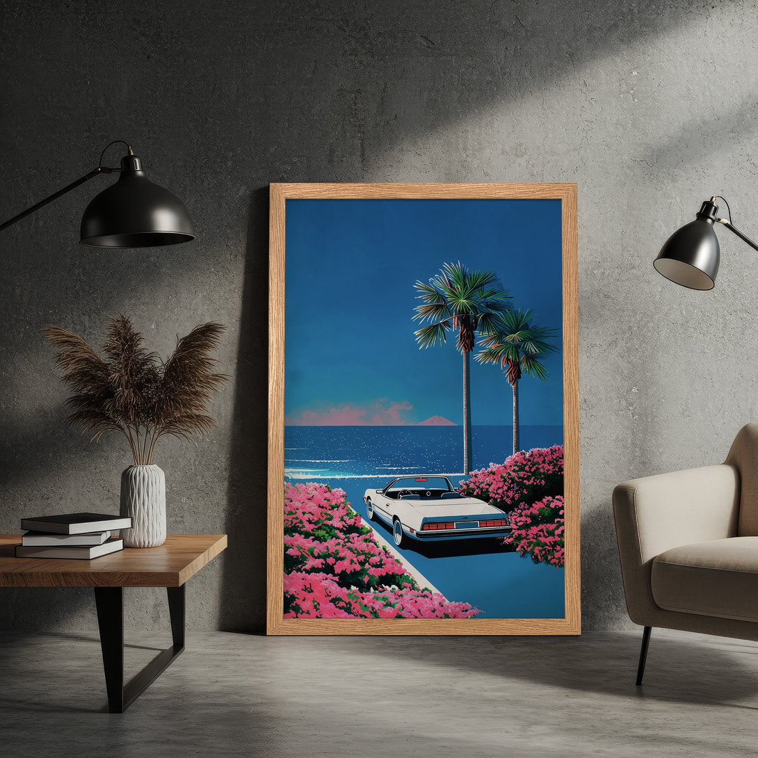Framed Poster featuring a retro car, palm trees, and ocean. Vibrant blue, pink, and green color palette, perfect wall art.