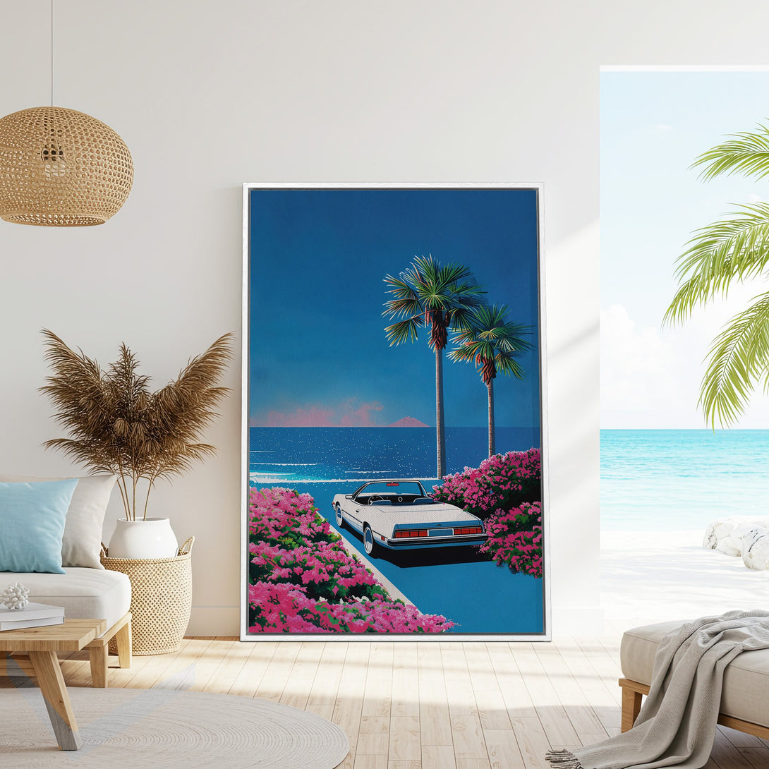 Framed Wall Art: Retro car print with a tropical vibe. Features a blue, pink, and white color palette. Perfect for adding a pop of color to your space.