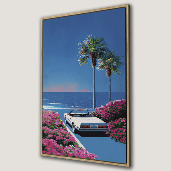 Framed Wall Art: Retro car on a coastal road with palm trees. Vibrant blue and pink color palette, perfect for adding a touch of vintage style to your space.