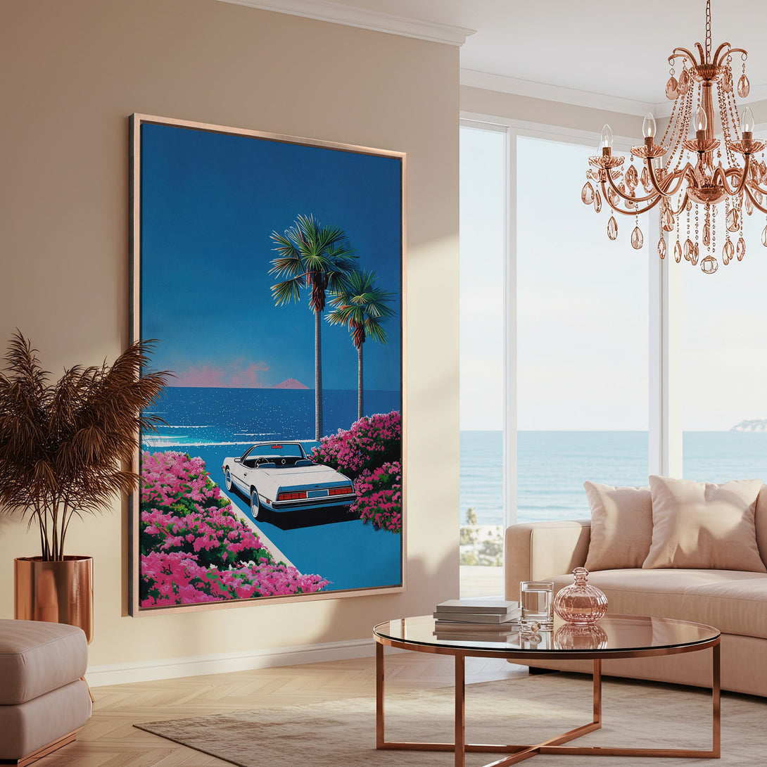 Framed Wall Art: Retro car print with palm trees, vibrant pink flowers, and a blue sky. Perfect for adding a pop of color and a vintage vibe to any room.