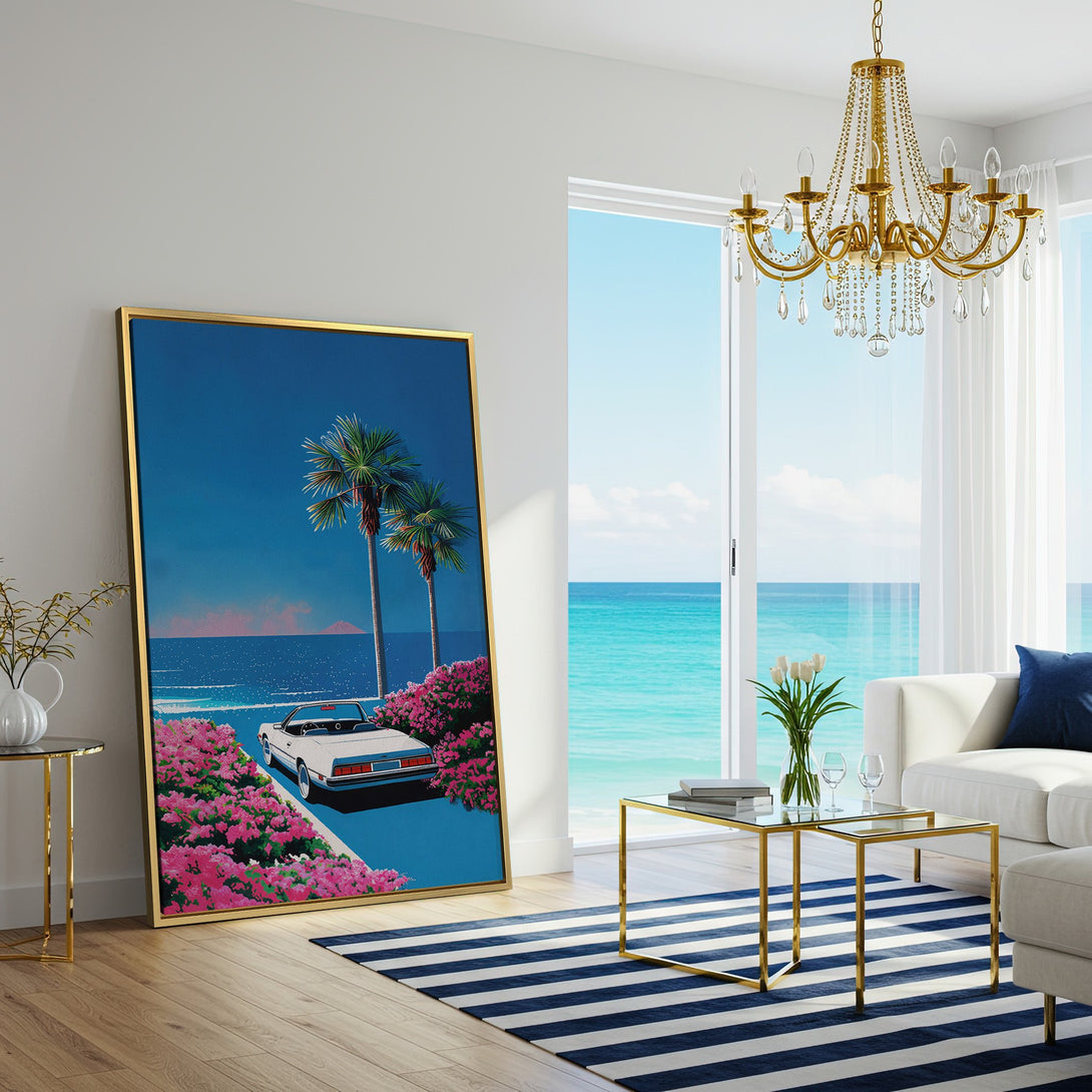 Canvas Print: Retro coastal scene with palm trees and convertible car, vibrant blue and pink color palette, perfect for adding a pop of color to your home.