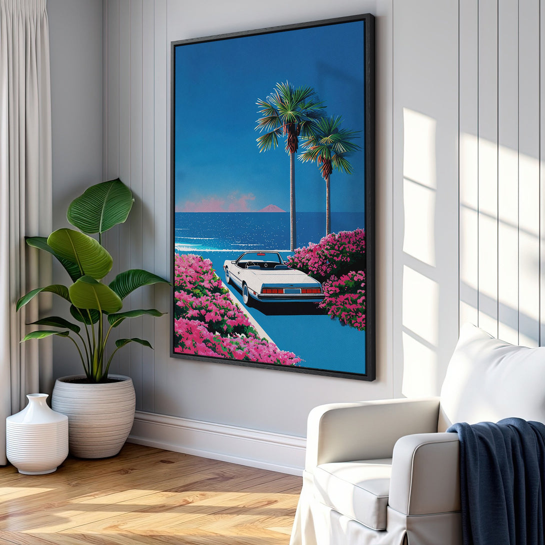 Framed Wall Art featuring a retro car on a coastal road, vibrant blue and pink palette. Perfect for adding a pop of color and style to any room.