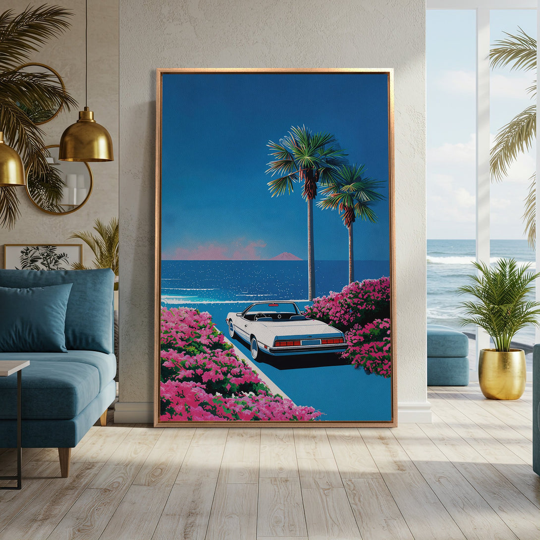 Framed Wall Art: Retro coastal scene with a white convertible, palm trees, and pink flowers. Blue and pink color palette. Bring vacation vibes home!