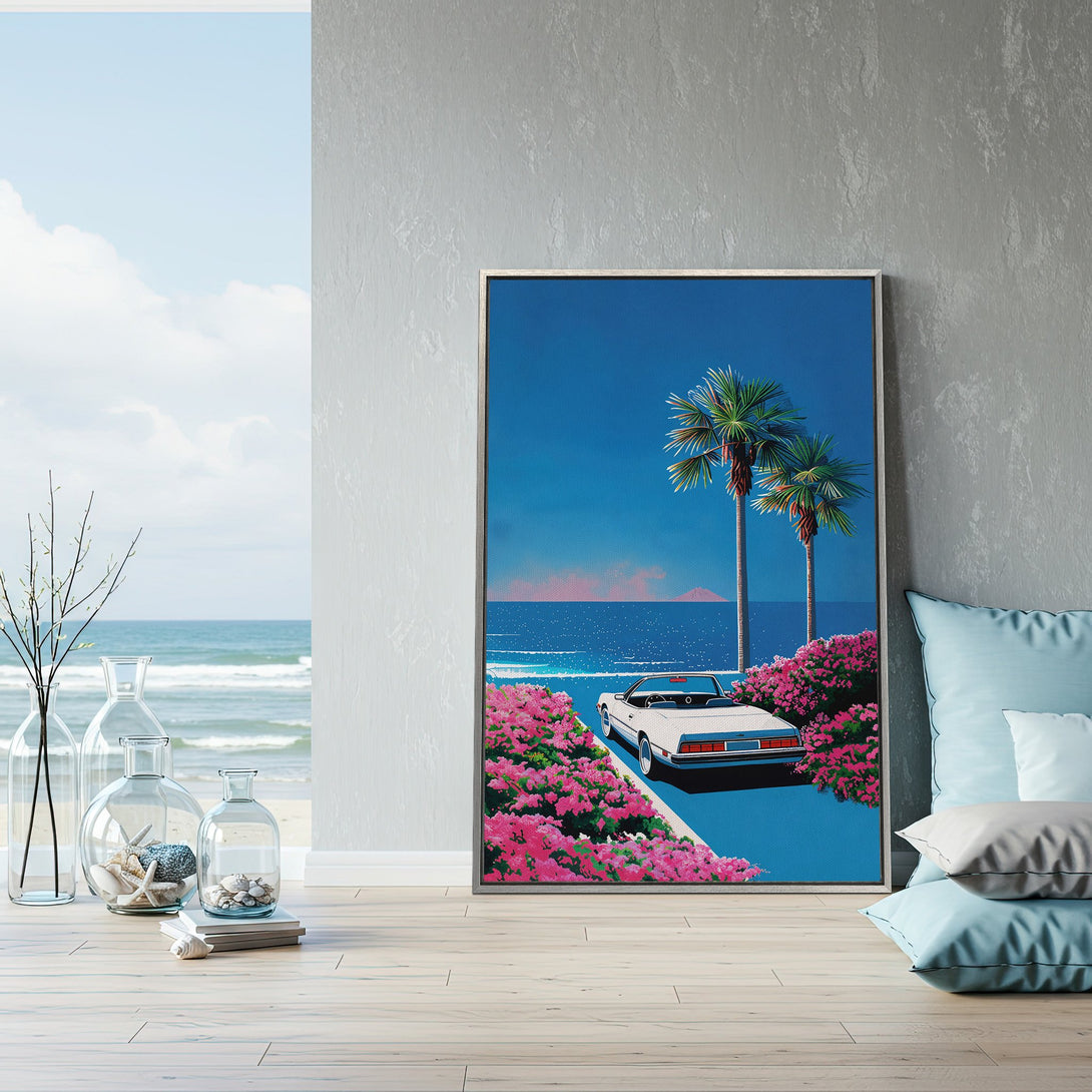 Framed Wall Art: Retro coastal scene Canvas Print with a vintage car, palm trees, and pink flowers. Blue and pink color palette. Adds a pop of color!
