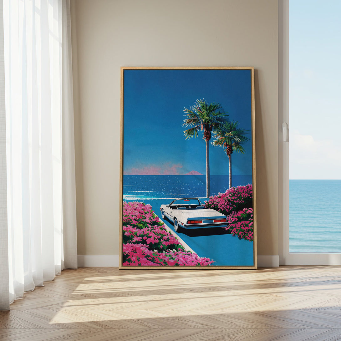 Framed Wall Art featuring a retro illustration of a convertible by the coast. Vibrant blue, pink, and green color palette. Perfect for adding a touch of nostalgia.