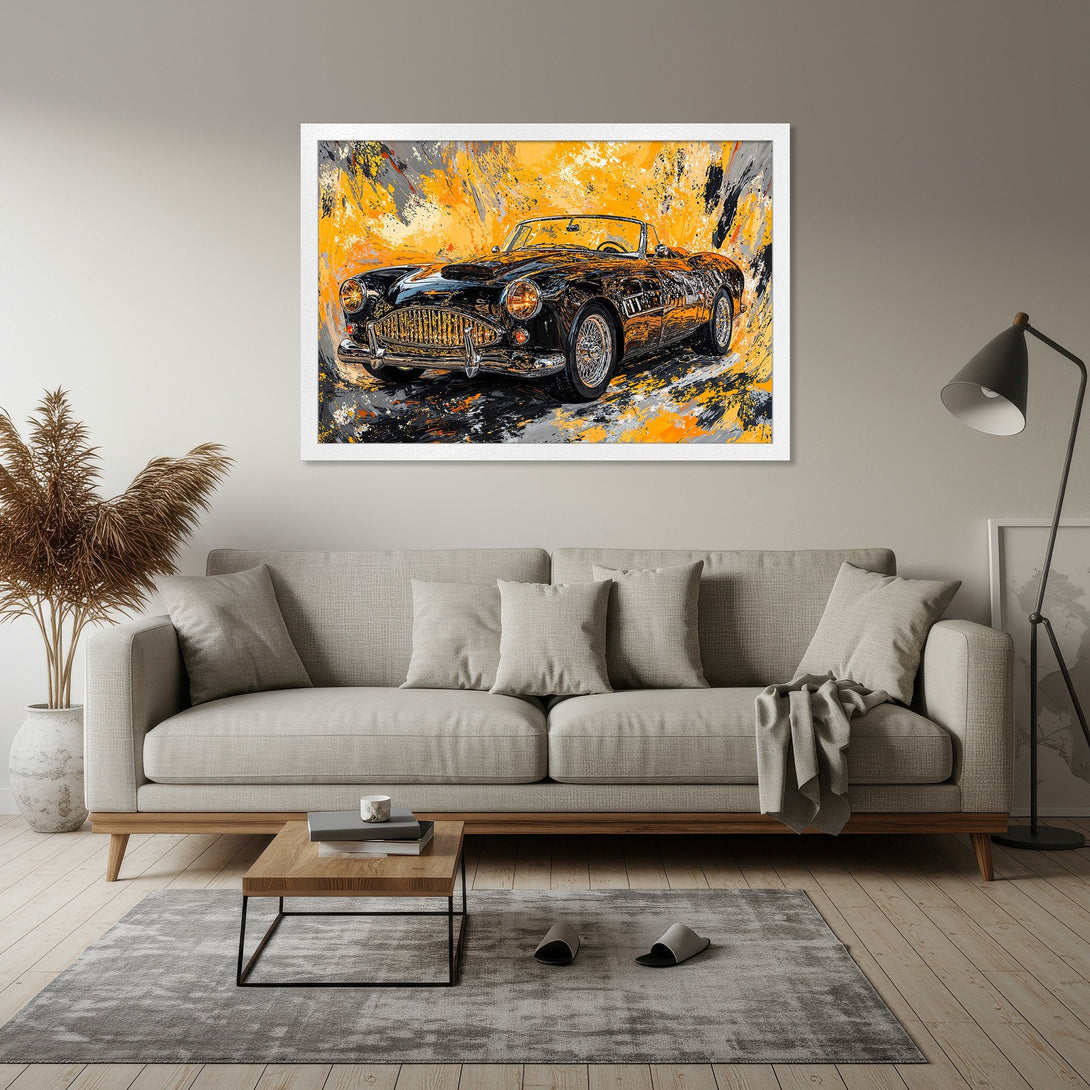 Framed Poster featuring a classic car in abstract style with a vibrant yellow, black, and gray color palette. Perfect wall art!
