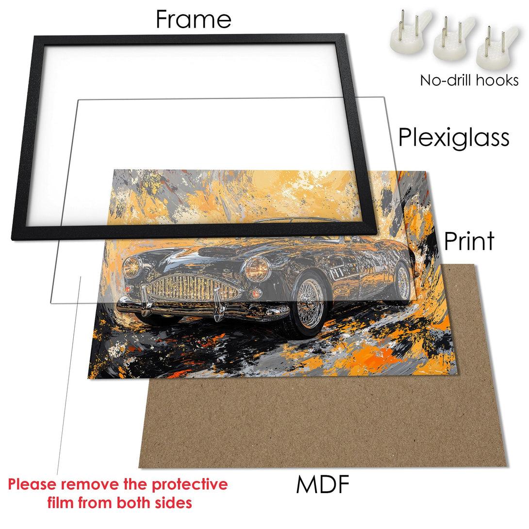 Framed Poster: Abstract car art print with black frame, orange, gray, and black color palette. Perfect wall decor.