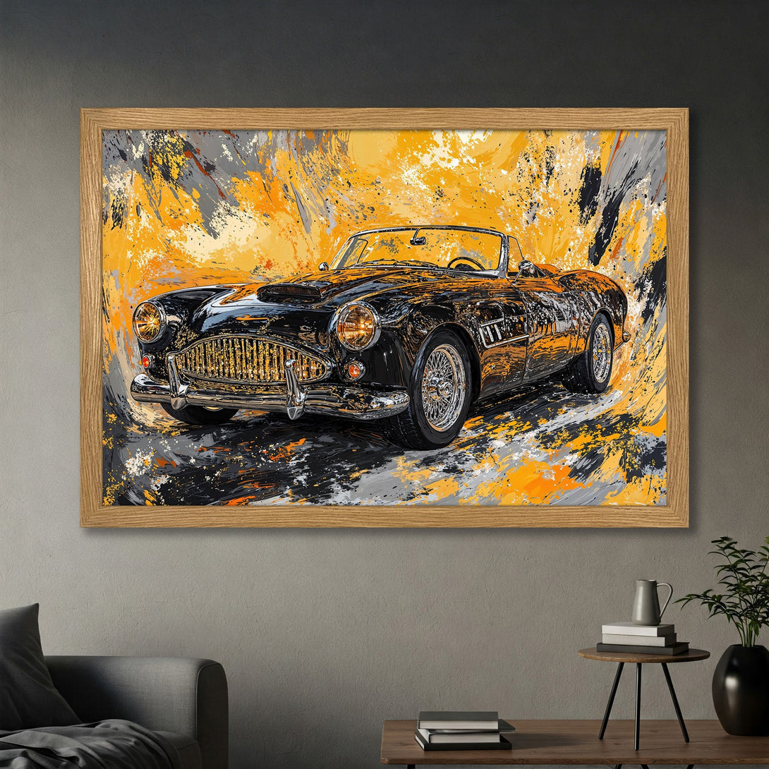 Framed Poster of a classic car in abstract style, featuring black, yellow, and gray color palette. Perfect wall art for car lovers!