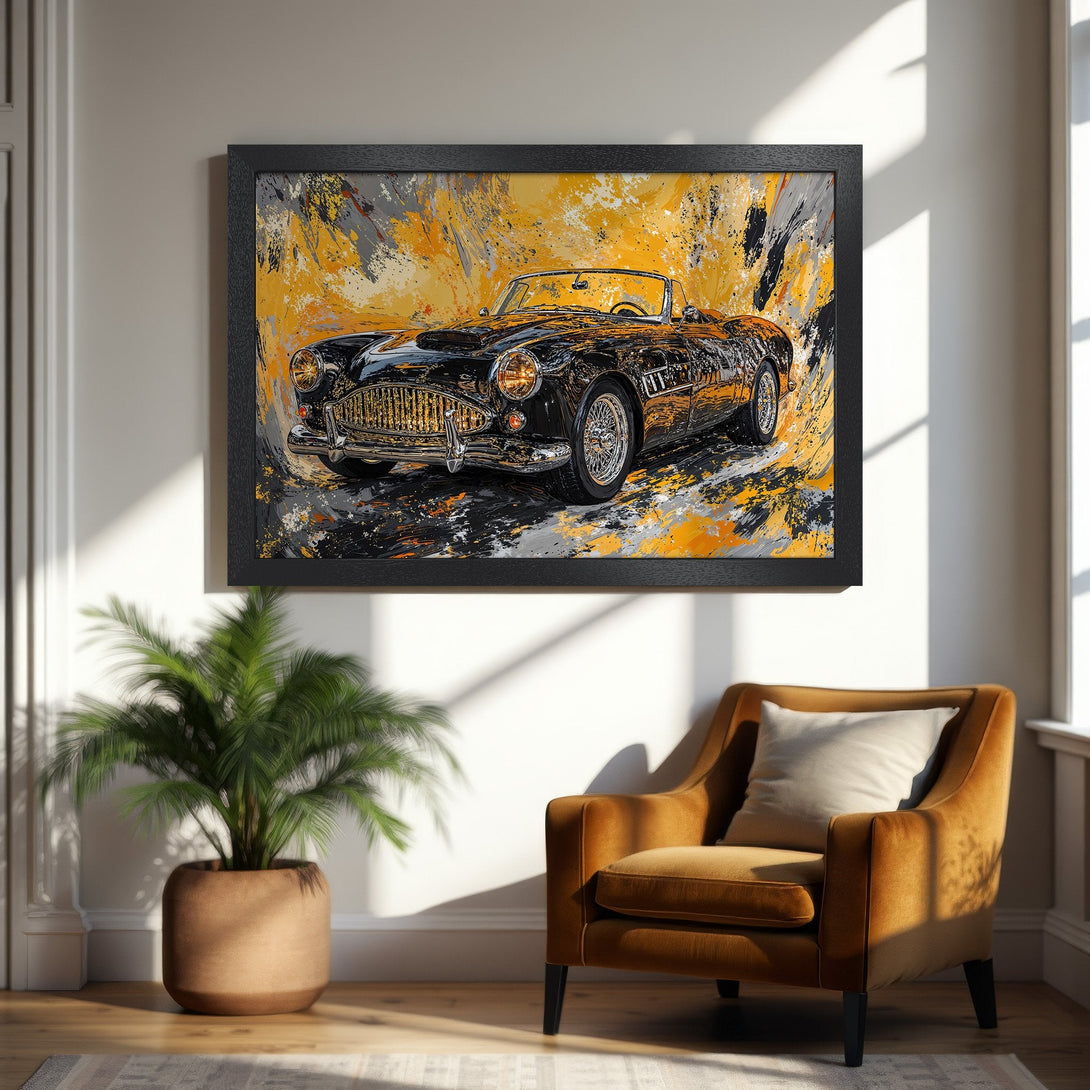 Framed Poster featuring a classic black car in an abstract style with a yellow, gray, and black color palette. Perfect wall art!