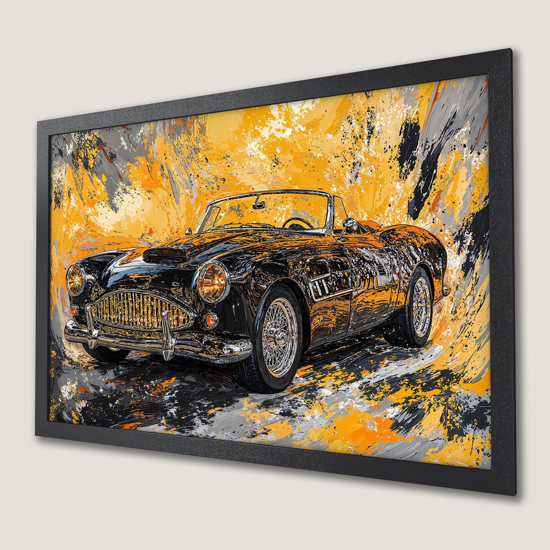 Framed Poster of a classic black car with an abstract yellow, gray, and black color palette. Perfect wall art for car lovers!