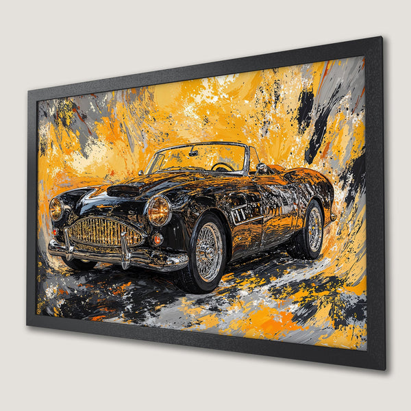 Framed Poster of a classic black car with an abstract yellow, gray, and black color palette. Perfect wall art for car lovers!